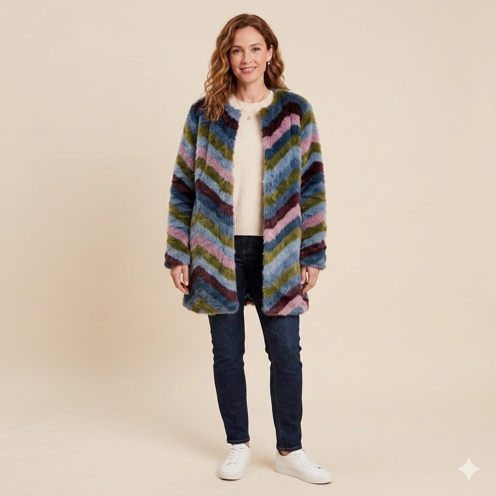 Anthropologie Hutch Multi Color Chevron Faux Fur Coat Collarless Jacket Size XS
